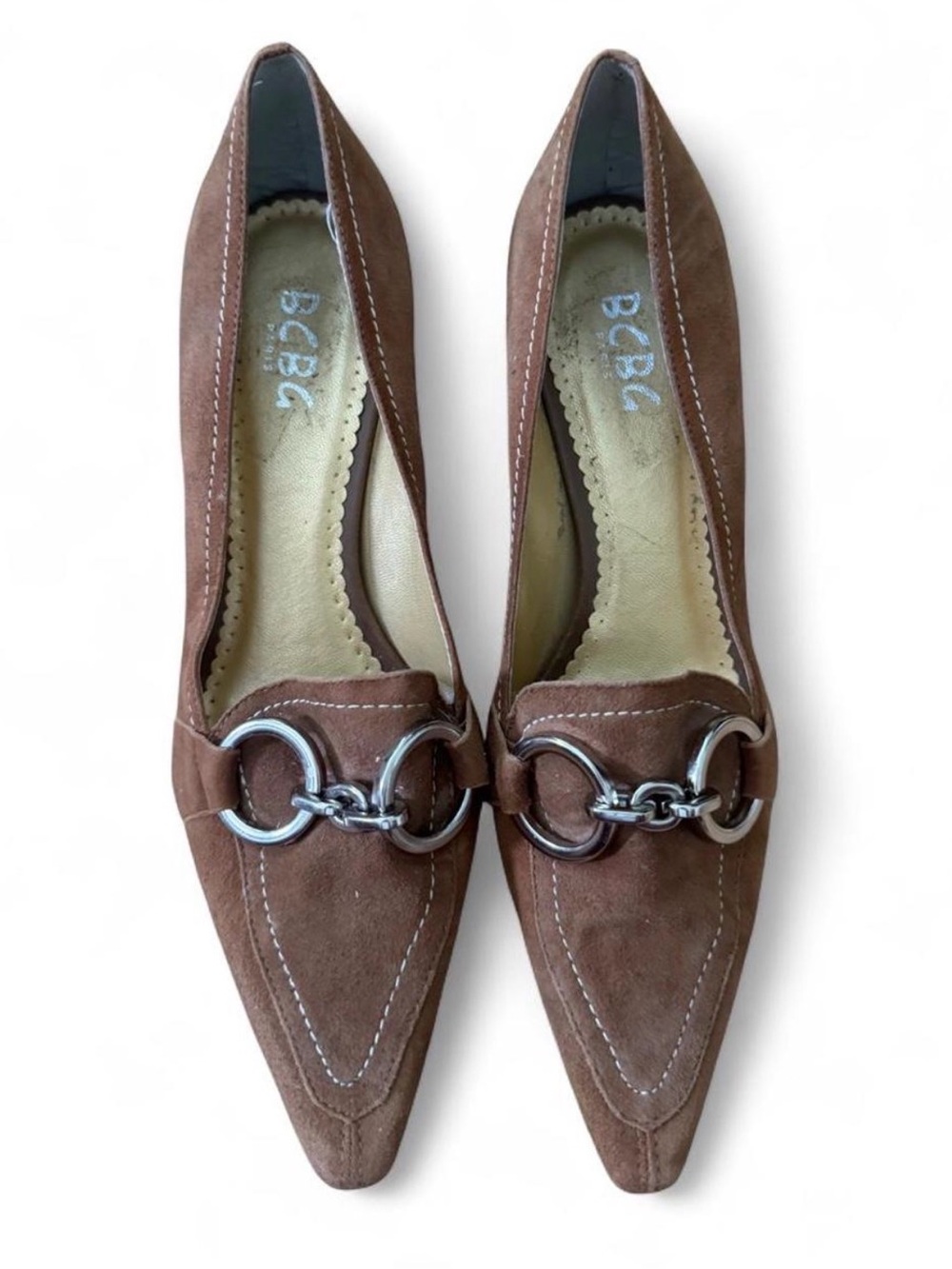 BCBG Paris Brown Suede Pointed Loafers with Silver Chain Accent Size 8.5